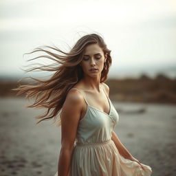 A beautiful woman with flowing hair, walking gracefully in the wind, conveying a sense of deep sadness