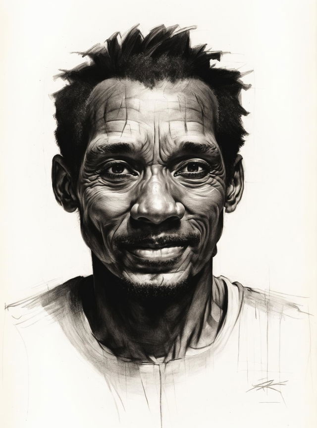 A black and white graphite pencil drawing of a middle-aged black man, featuring intricate details and a happy vibe