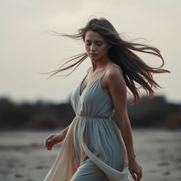 A beautiful woman with flowing hair, walking gracefully in the wind, conveying a sense of deep sadness