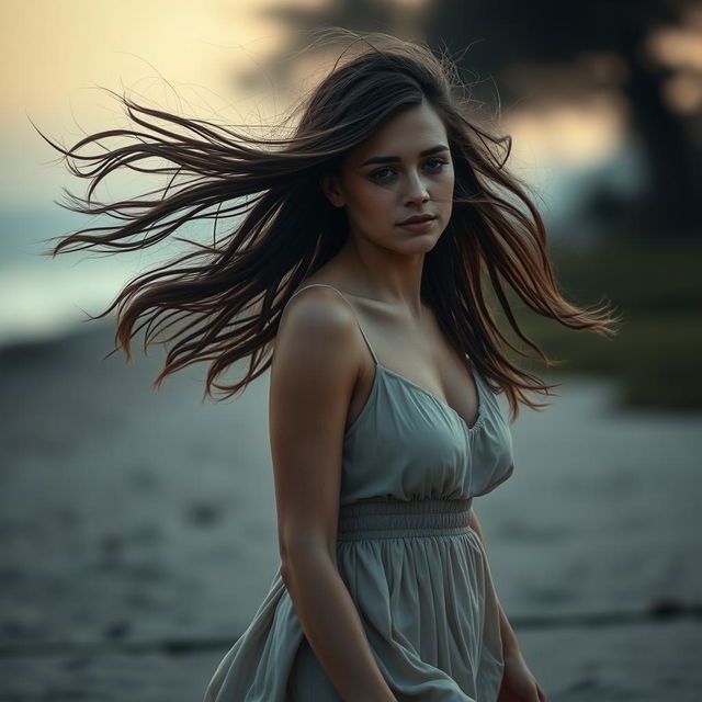 A beautiful woman with flowing hair, walking gracefully in the wind, conveying a sense of deep sadness