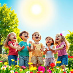 A joyful scene featuring a group of children singing together, their faces filled with happiness and excitement