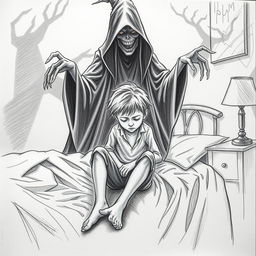 A haunting scene in pencil sketch style depicting a young boy sitting on his bed, looking visibly depressed and lost in his thoughts