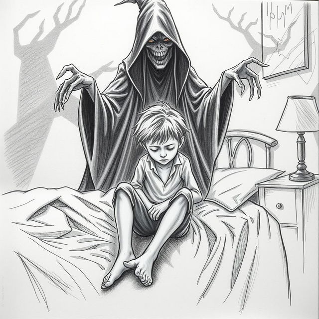 A haunting scene in pencil sketch style depicting a young boy sitting on his bed, looking visibly depressed and lost in his thoughts