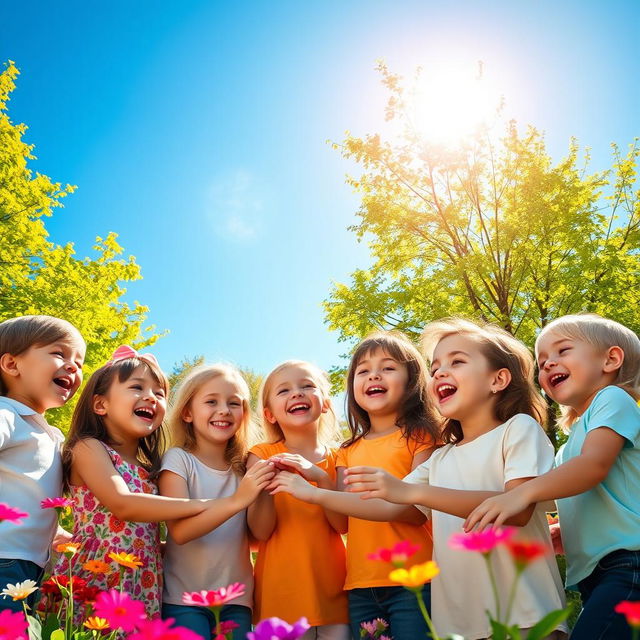 A joyful scene featuring a group of children singing together, their faces filled with happiness and excitement