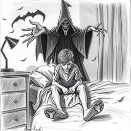 A haunting scene in pencil sketch style depicting a young boy sitting on his bed, looking visibly depressed and lost in his thoughts