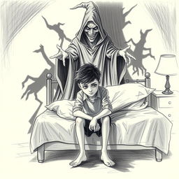 A haunting scene in pencil sketch style depicting a young boy sitting on his bed, looking visibly depressed and lost in his thoughts