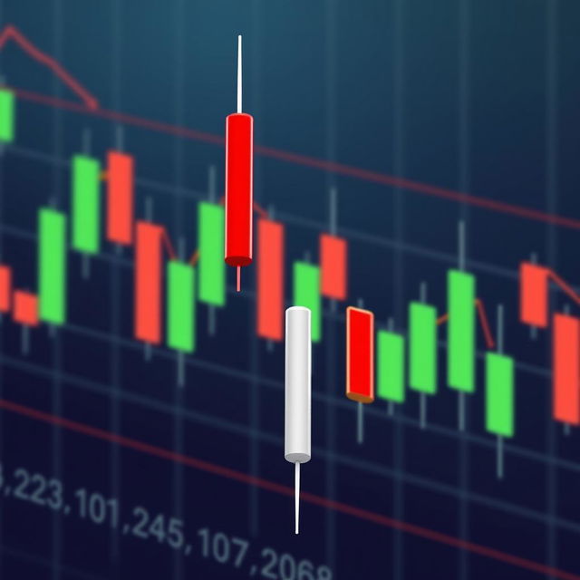 A detailed illustration of a doji candlestick in a financial trading context, showcasing the typical features of a doji candle including a small body and long upper and lower shadows, representing market indecision