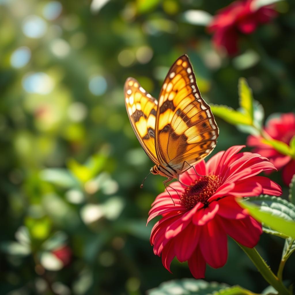 A beautiful and realistic close-up of a butterfly perched on a vibrant flower, surrounded by lush greenery in a natural setting