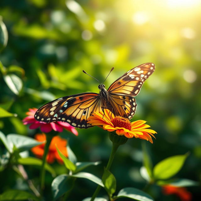 A beautiful and realistic close-up of a butterfly perched on a vibrant flower, surrounded by lush greenery in a natural setting