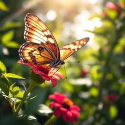 A beautiful and realistic close-up of a butterfly perched on a vibrant flower, surrounded by lush greenery in a natural setting