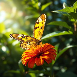 A beautiful and realistic close-up of a butterfly perched on a vibrant flower, surrounded by lush greenery in a natural setting