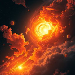An artistic representation of the early universe, featuring swirling clouds of vivid colors like fiery oranges, reds, and bright yellows, embodying intense heat and energy