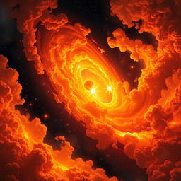 An artistic representation of the early universe, featuring swirling clouds of vivid colors like fiery oranges, reds, and bright yellows, embodying intense heat and energy