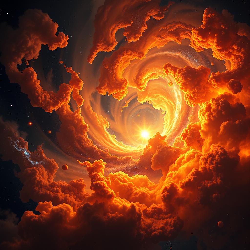 An artistic representation of the early universe, featuring swirling clouds of vivid colors like fiery oranges, reds, and bright yellows, embodying intense heat and energy