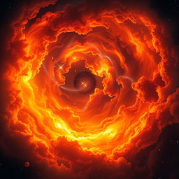 An artistic representation of the early universe, featuring swirling clouds of vivid colors like fiery oranges, reds, and bright yellows, embodying intense heat and energy