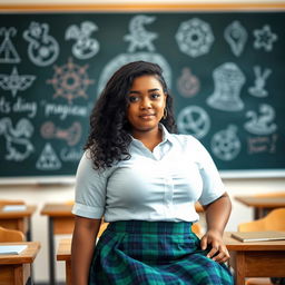 In a classroom setting with a blurred chalkboard in the background featuring magical symbols