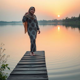 A young woman wearing a beautifully patterned hijab is striking a pose on a wooden plank extending over a serene lake