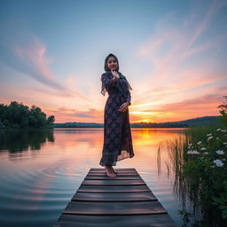 A young woman wearing a beautifully patterned hijab is striking a pose on a wooden plank extending over a serene lake