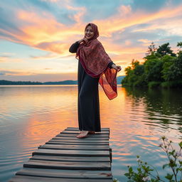A young woman wearing a beautifully patterned hijab is striking a pose on a wooden plank extending over a serene lake