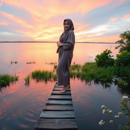A young woman wearing a beautifully patterned hijab is striking a pose on a wooden plank extending over a serene lake