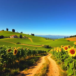 A beautiful Italian landscape showcasing rolling hills covered with vibrant green vineyards, dotted with rustic farmhouses and cypress trees under a clear blue sky