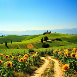 A beautiful Italian landscape showcasing rolling hills covered with vibrant green vineyards, dotted with rustic farmhouses and cypress trees under a clear blue sky
