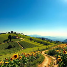 A beautiful Italian landscape showcasing rolling hills covered with vibrant green vineyards, dotted with rustic farmhouses and cypress trees under a clear blue sky