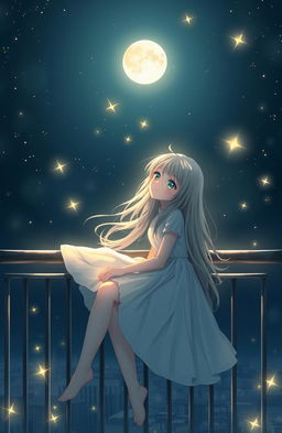 A dreamy young woman with starry eyes, sitting on a balcony under a starry night sky, gazing at the stars while daydreaming about a handsome man