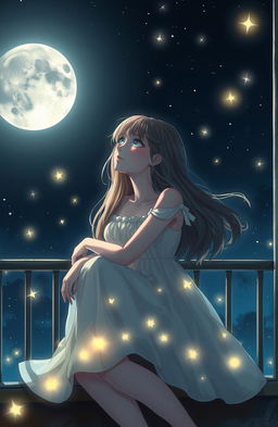 A dreamy young woman with starry eyes, sitting on a balcony under a starry night sky, gazing at the stars while daydreaming about a handsome man