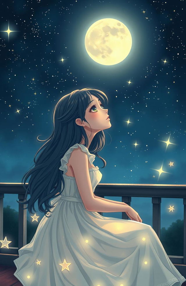 A dreamy young woman with starry eyes, sitting on a balcony under a starry night sky, gazing at the stars while daydreaming about a handsome man