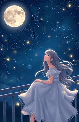 A dreamy young woman with starry eyes, sitting on a balcony under a starry night sky, gazing at the stars while daydreaming about a handsome man