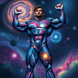 A powerful, muscular figure representing the universe as a human form, showcasing a body composed of swirling galaxies, vibrant stars, and cosmic dust, with bright nebulae illuminating the skin