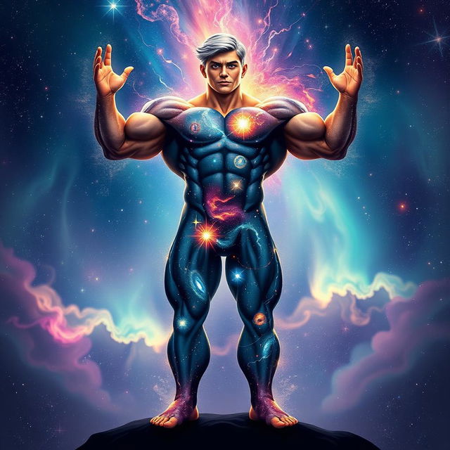 A powerful, muscular figure representing the universe as a human form, showcasing a body composed of swirling galaxies, vibrant stars, and cosmic dust, with bright nebulae illuminating the skin