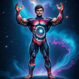 A powerful, muscular figure representing the universe as a human form, showcasing a body composed of swirling galaxies, vibrant stars, and cosmic dust, with bright nebulae illuminating the skin