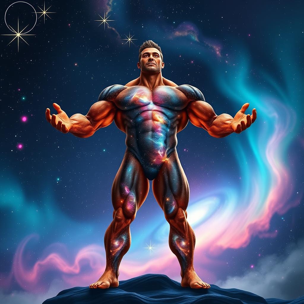 A powerful, muscular figure representing the universe as a human form, showcasing a body composed of swirling galaxies, vibrant stars, and cosmic dust, with bright nebulae illuminating the skin