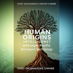 A realistic front book cover for the title "Human Origins Intelligent Synthesis: Reviving Roots Through Technology" by CHIEF OKASAMAFO ANOYKE OWARE