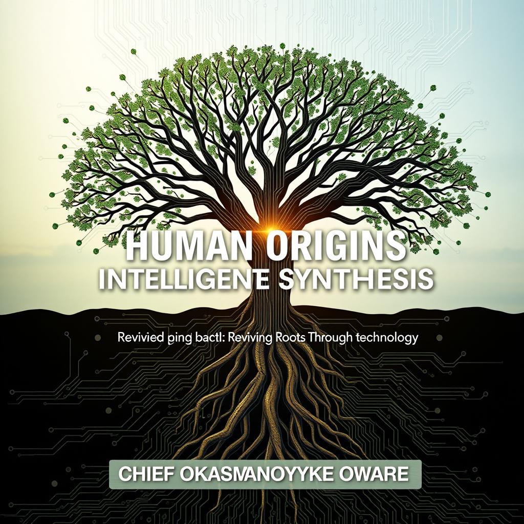 A realistic front book cover for the title "Human Origins Intelligent Synthesis: Reviving Roots Through Technology" by CHIEF OKASAMAFO ANOYKE OWARE