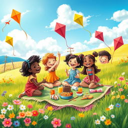 A dreamy, whimsical landscape filled with vibrant colors showcasing an imaginative scene where children of various ethnicities are joyfully playing together in a sunlit meadow