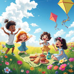 A dreamy, whimsical landscape filled with vibrant colors showcasing an imaginative scene where children of various ethnicities are joyfully playing together in a sunlit meadow