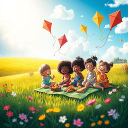 A dreamy, whimsical landscape filled with vibrant colors showcasing an imaginative scene where children of various ethnicities are joyfully playing together in a sunlit meadow
