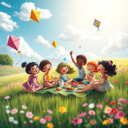 A dreamy, whimsical landscape filled with vibrant colors showcasing an imaginative scene where children of various ethnicities are joyfully playing together in a sunlit meadow