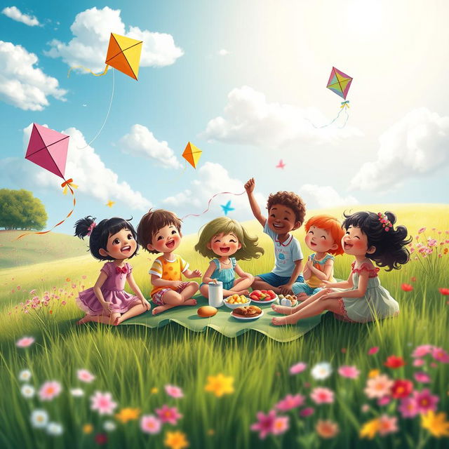 A dreamy, whimsical landscape filled with vibrant colors showcasing an imaginative scene where children of various ethnicities are joyfully playing together in a sunlit meadow