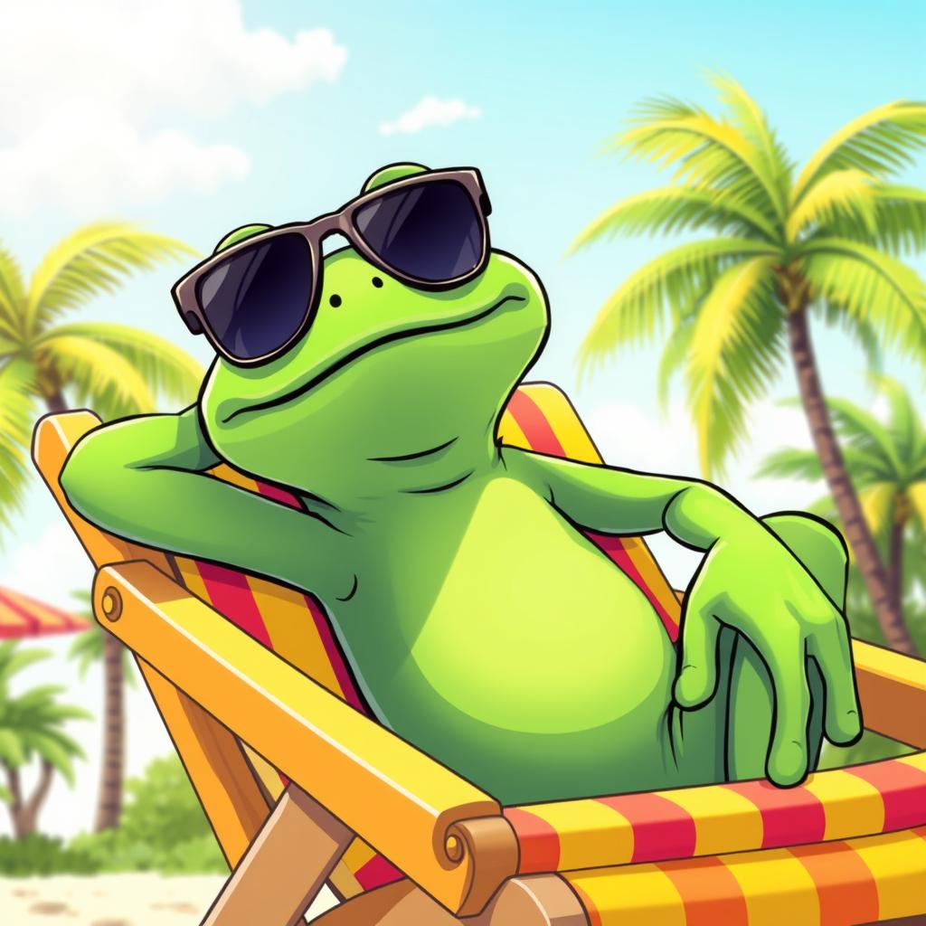 A cartoon image of a cool looking frog wearing stylish sunglasses, lounging comfortably in a vibrant beach chair