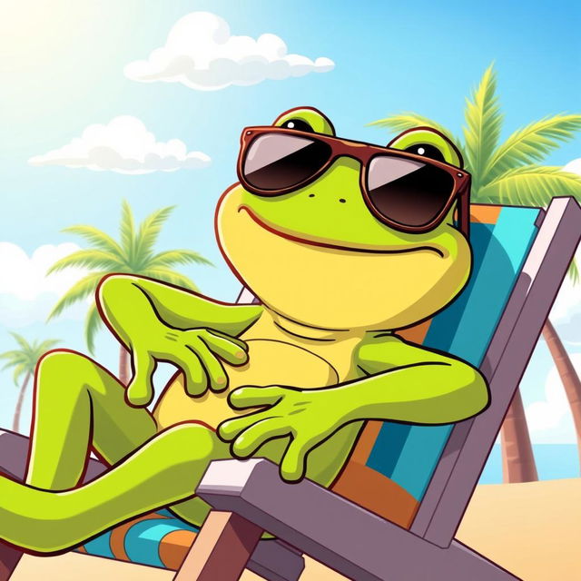 A cartoon image of a cool looking frog wearing stylish sunglasses, lounging comfortably in a vibrant beach chair