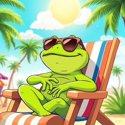 A cartoon image of a cool looking frog wearing stylish sunglasses, lounging comfortably in a vibrant beach chair