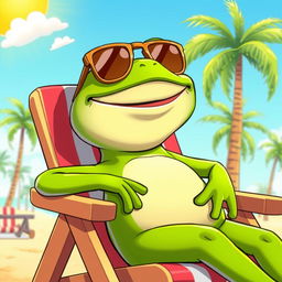 A cartoon image of a cool looking frog wearing stylish sunglasses, lounging comfortably in a vibrant beach chair