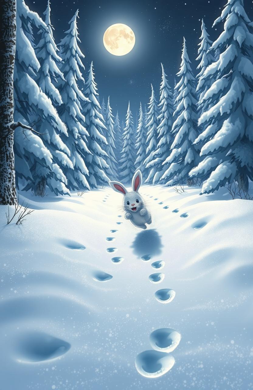 A whimsical scene of a rabbit joyfully hopping through a serene snow-covered forest at night