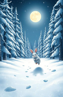 A whimsical scene of a rabbit joyfully hopping through a serene snow-covered forest at night