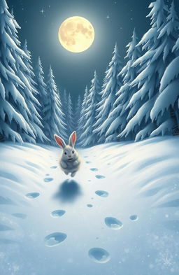 A whimsical scene of a rabbit joyfully hopping through a serene snow-covered forest at night