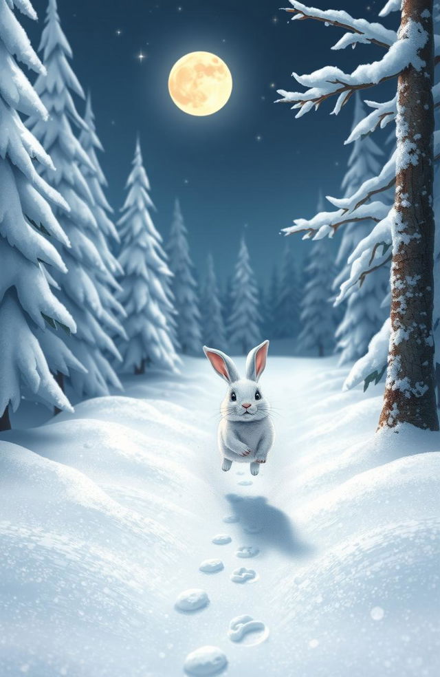 A whimsical scene of a rabbit joyfully hopping through a serene snow-covered forest at night